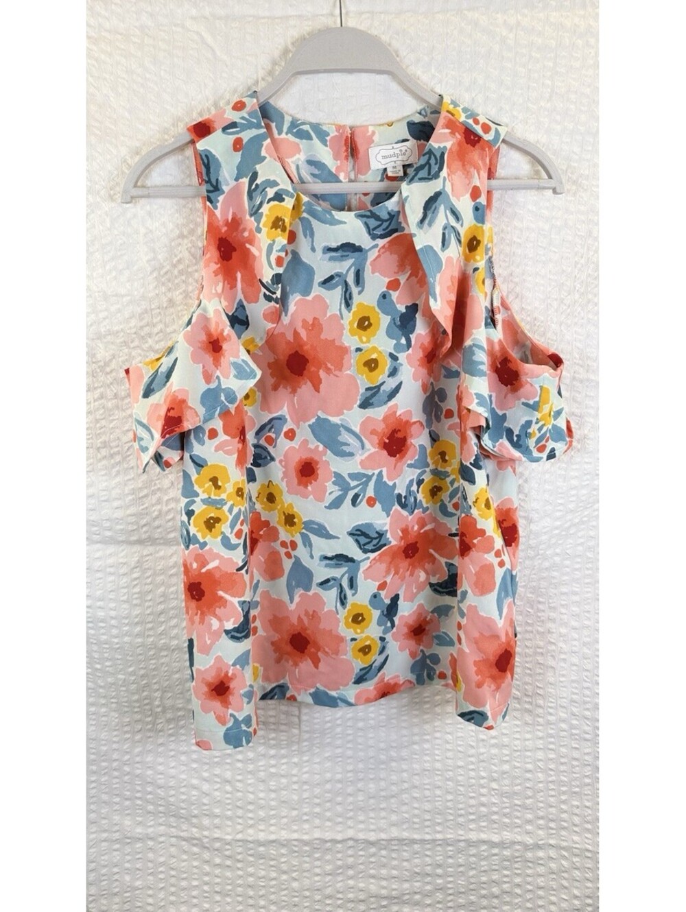 Mud Pie Women’s Colorful Floral Cold Shoulder Blouse M Feminine Flowy Pretty